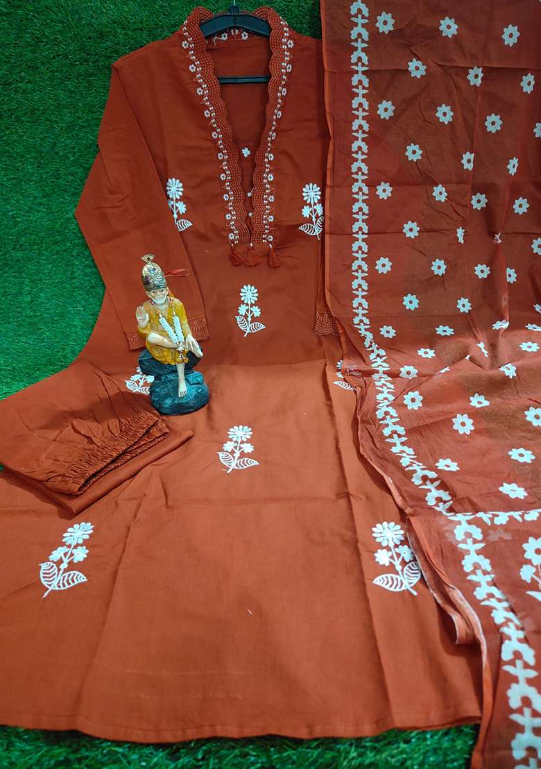 Rust Embroidered Cotton Straight Kurta Set - Indya