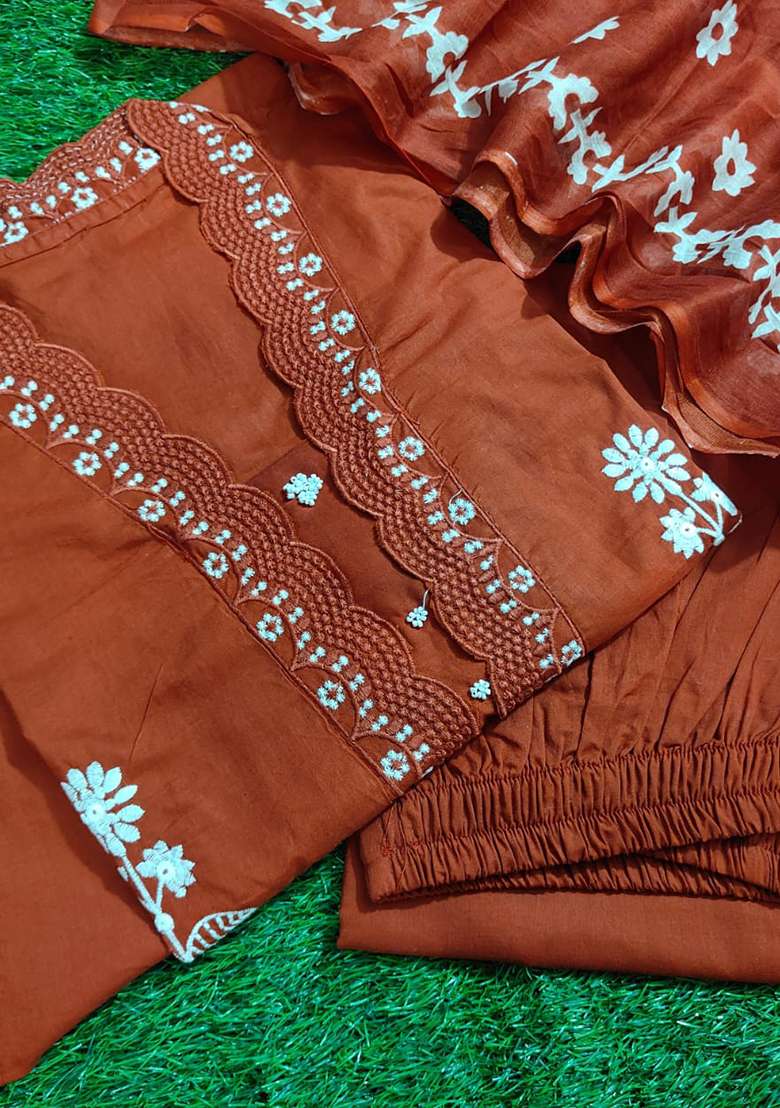 Rust Embroidered Cotton Straight Kurta Set - Indya