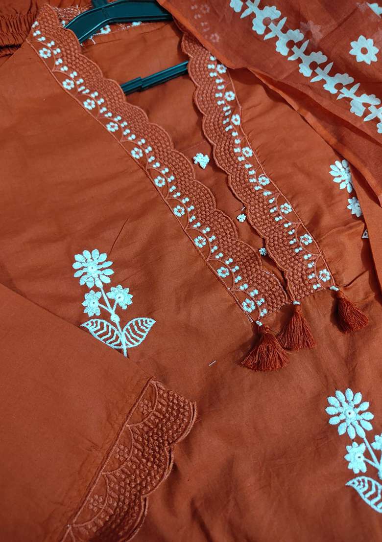 Rust Embroidered Cotton Straight Kurta Set - Indya