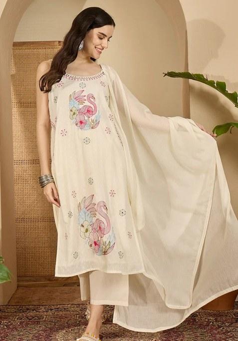 White Embroidered Cotton Straight Kurta Set