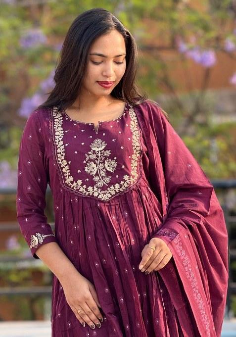 Wine Embroidery Cotton  Kurta Pant Set