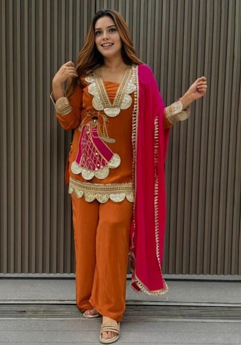 Orange Embroidery Reyon  Kurta Pant Set