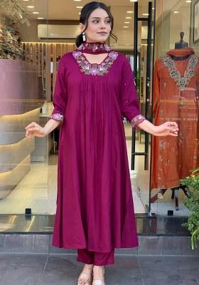 Wine Embroidery Cotton  Kurta Pant Set