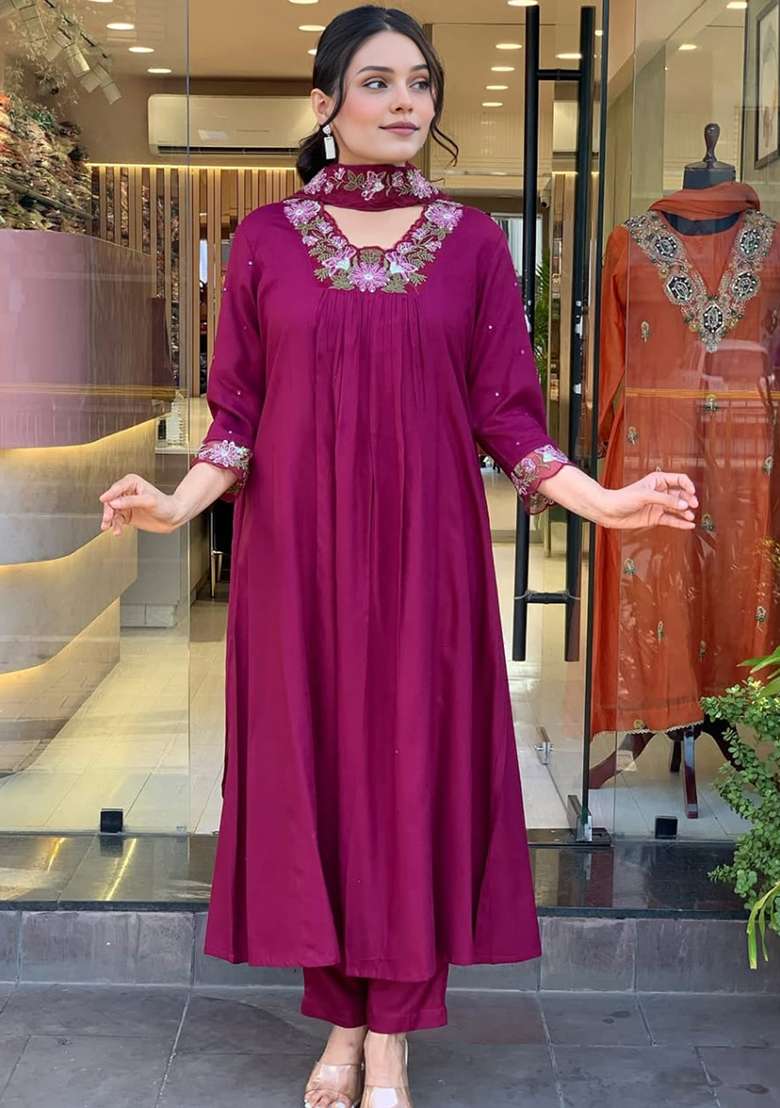 Wine Embroidered Cotton A Line Kurta Set - Indya