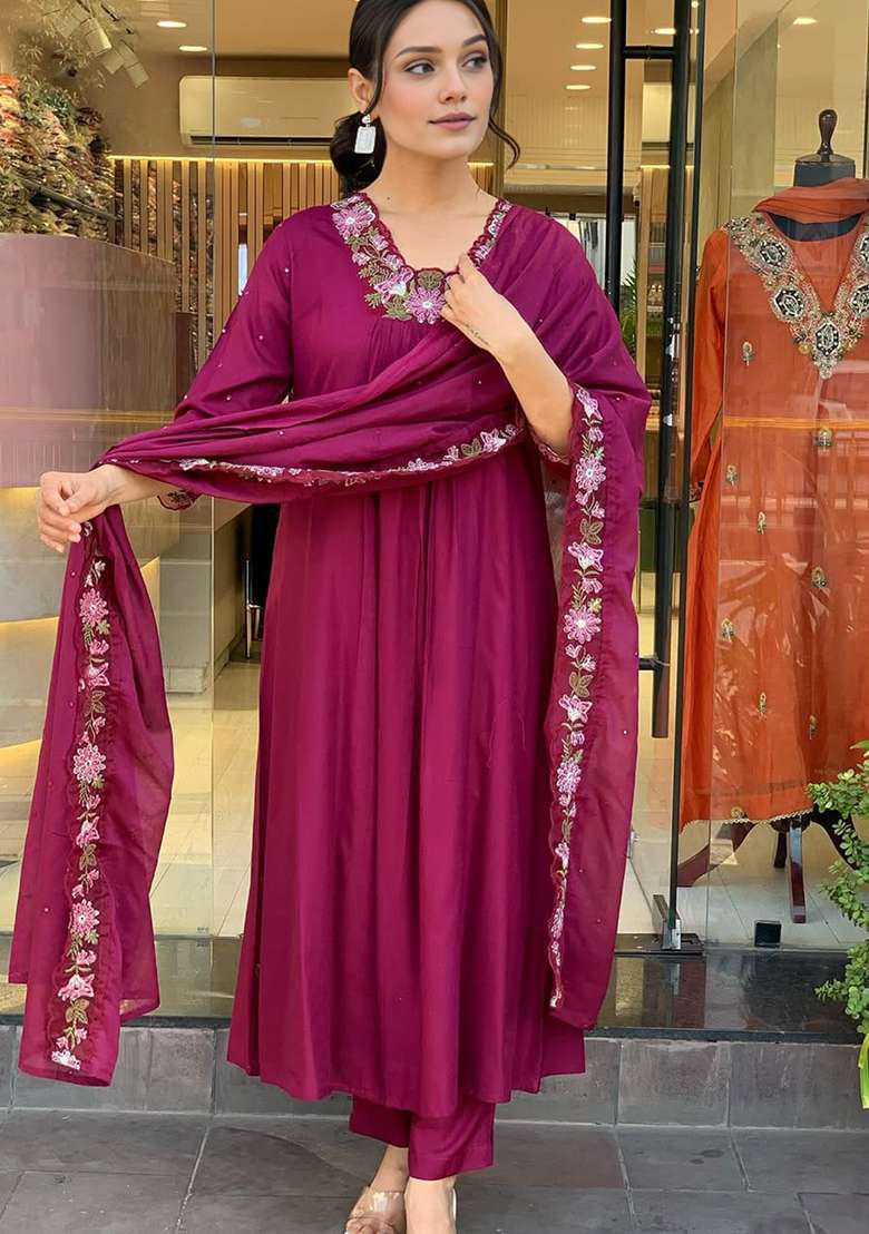 Wine Embroidered Cotton A Line Kurta Set - Indya