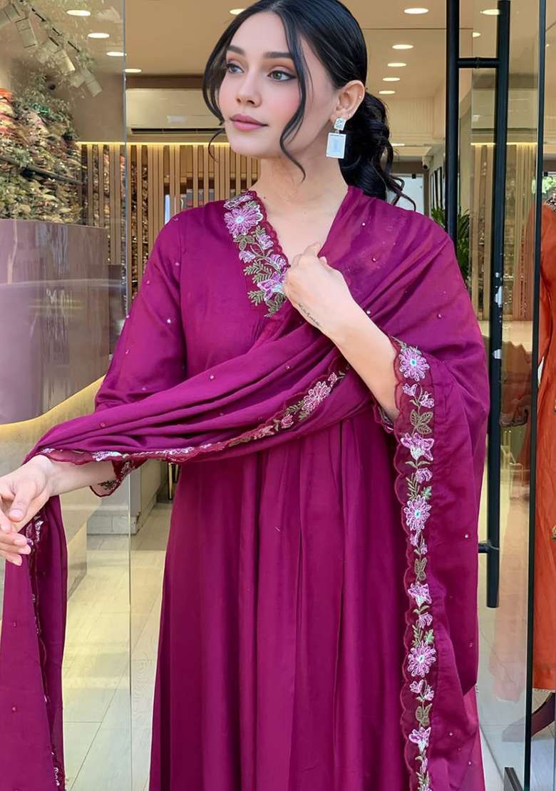 Wine Embroidered Cotton A Line Kurta Set - Indya