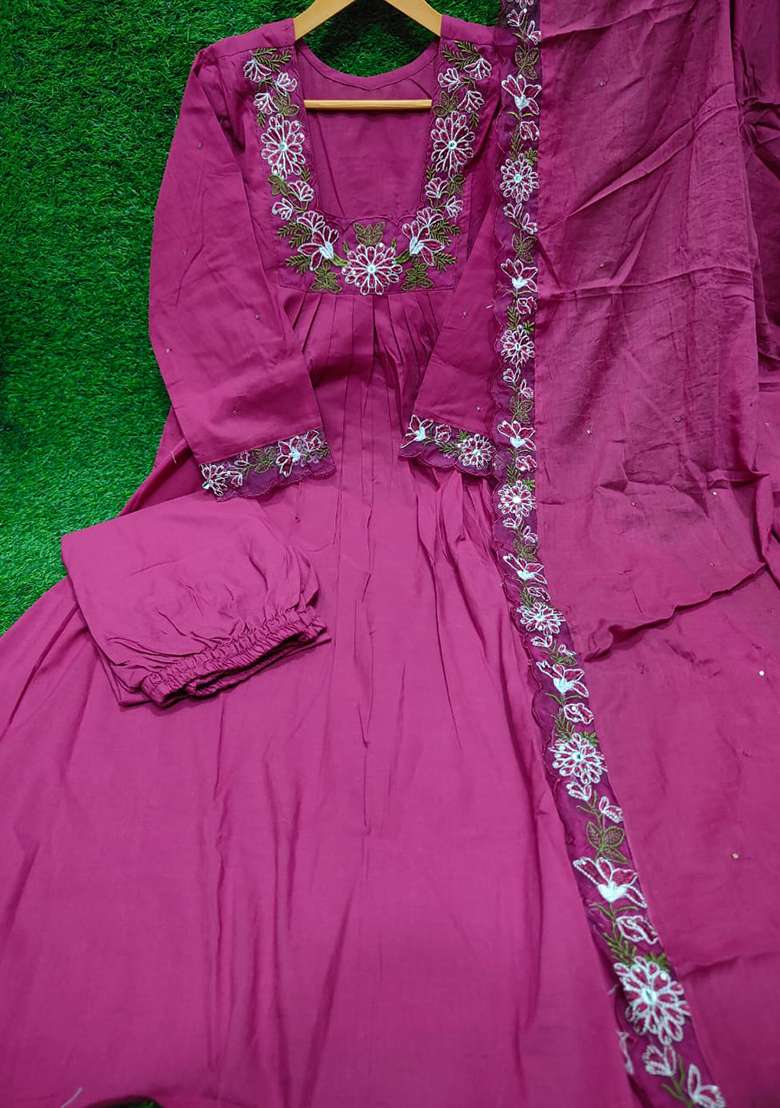 Wine Embroidered Cotton A Line Kurta Set - Indya