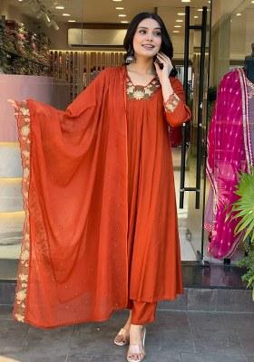 Rust Embroidery Cotton  Kurta Pant Set