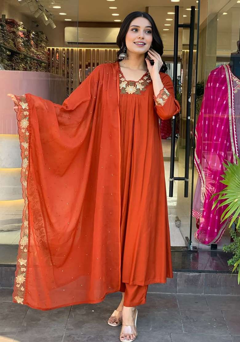 Rust Embroidered Cotton A Line Kurta Set - Indya