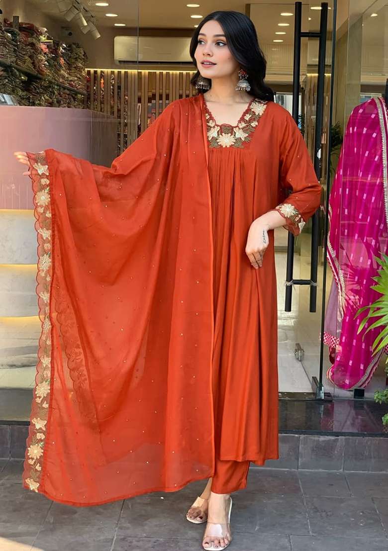 Rust Embroidered Cotton A Line Kurta Set - Indya