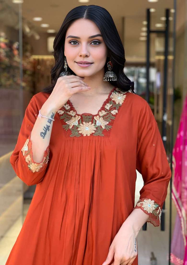 Rust Embroidered Cotton A Line Kurta Set - Indya