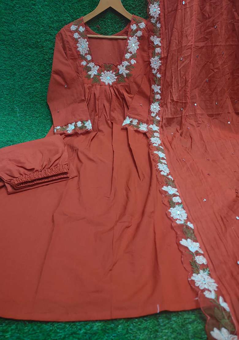 Rust Embroidered Cotton A Line Kurta Set - Indya