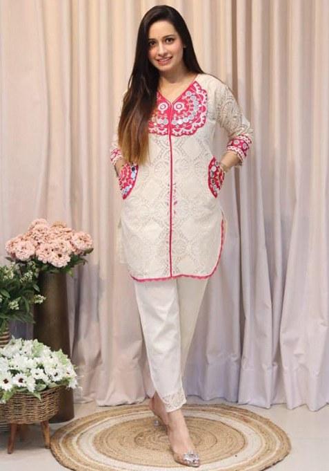 White Embroidery Cotton  Kurta Set