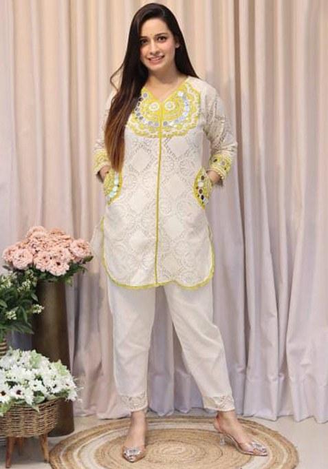 White Embroidery Cotton  Kurta Set