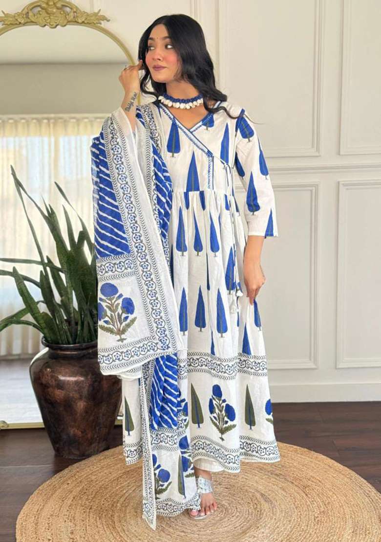 White Printed Cotton Anarkali Set - Indya