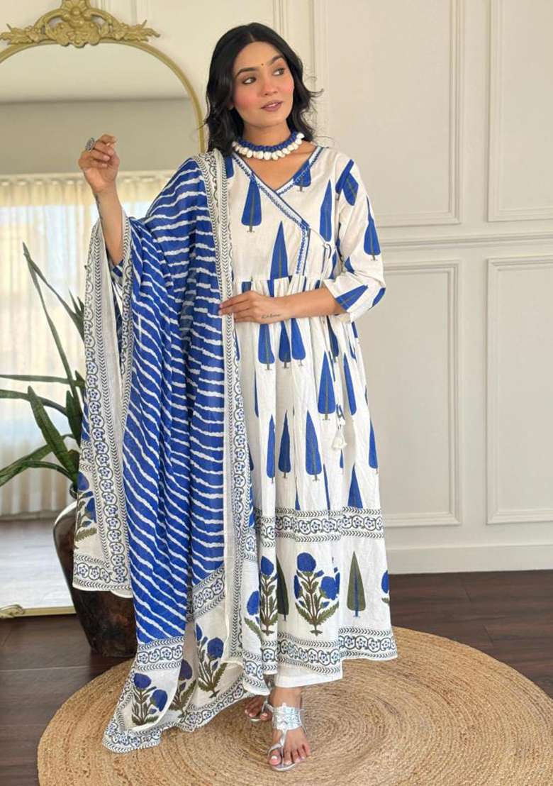 White Printed Cotton Anarkali Set - Indya