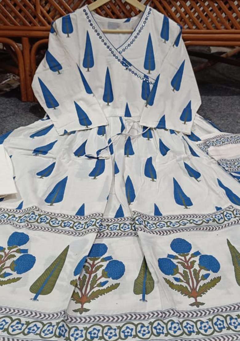 White Printed Cotton Anarkali Set - Indya