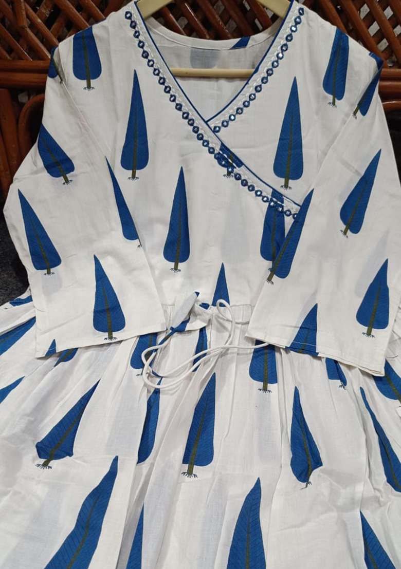White Printed Cotton Anarkali Set - Indya