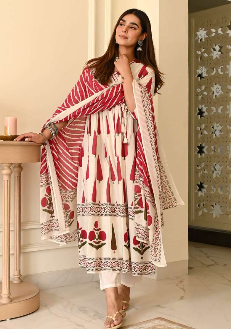 White Printed Cotton A Line Kurta Set - Indya