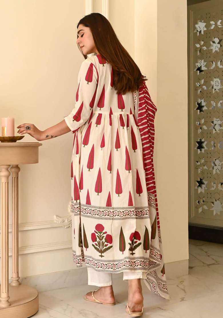 White Printed Cotton A Line Kurta Set - Indya