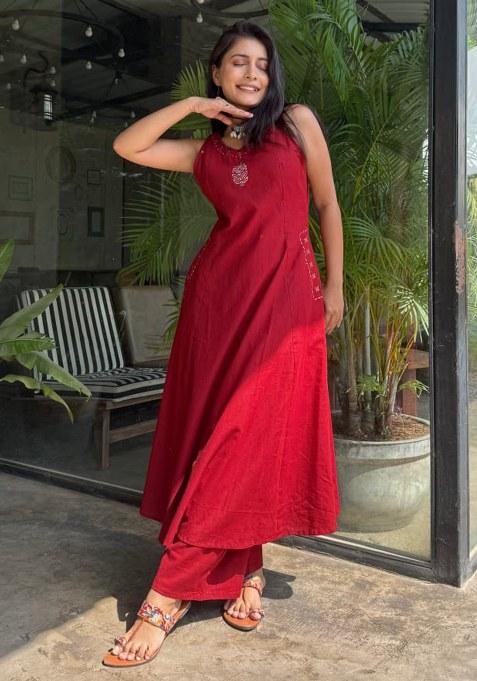 Red Embroidery Cotton  Kurta Set