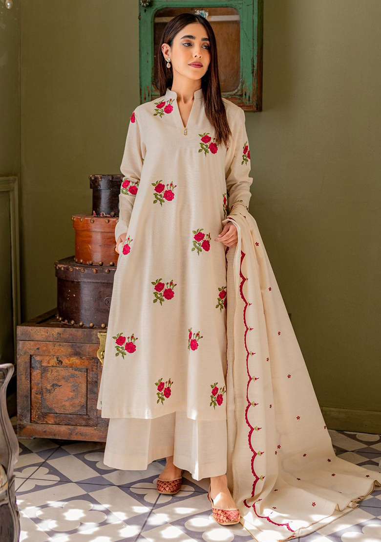 White Embroidered Cotton Pakistani Suit Set - Indya