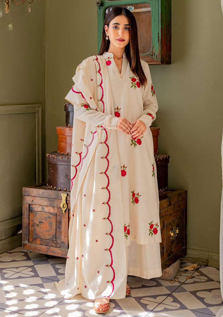 White Embroidered Cotton Pakistani Suit Set - Indya