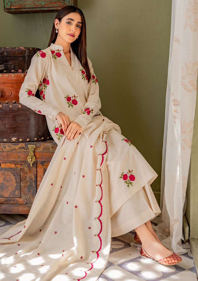 White Embroidered Cotton Pakistani Suit Set - Indya