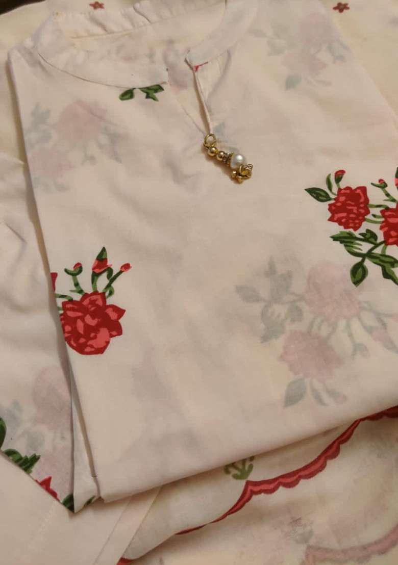 White Embroidered Cotton Pakistani Suit Set - Indya