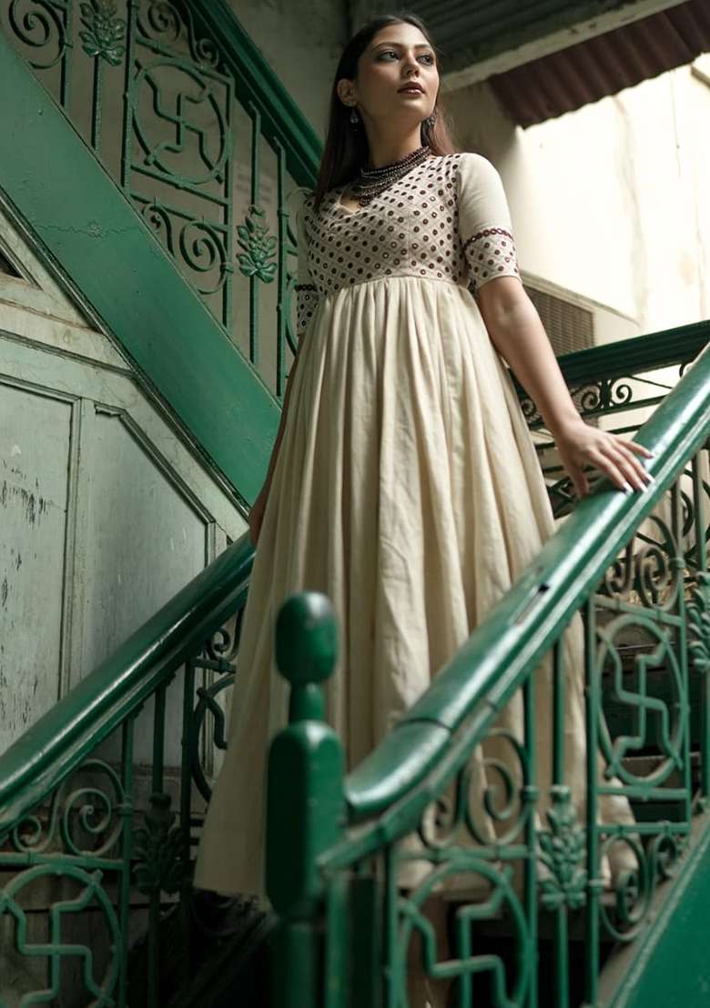 White Embroidered Cotton Gown - Indya