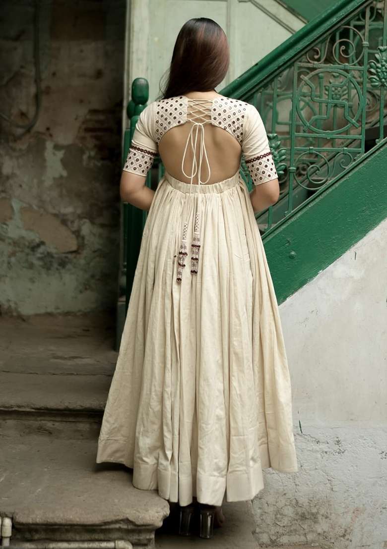 White Embroidered Cotton Gown - Indya