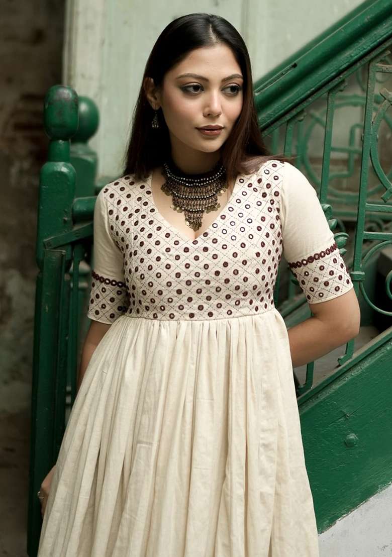 White Embroidered Cotton Gown - Indya