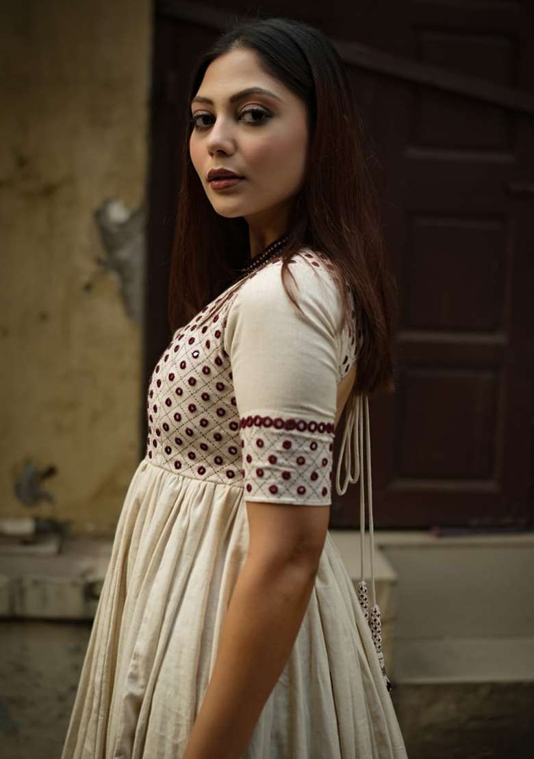 White Embroidered Cotton Gown - Indya
