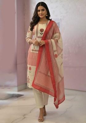 White Printed Cotton Straight Kurta Set