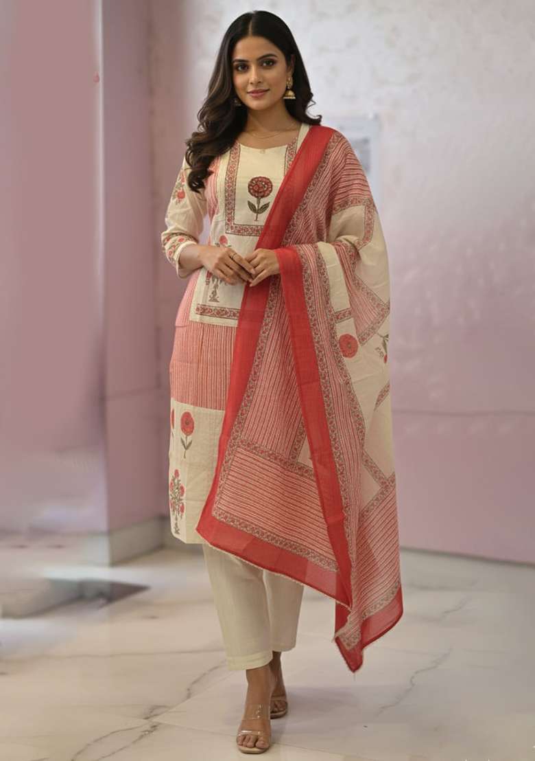 White Printed Cotton Straight Kurta Set - Indya