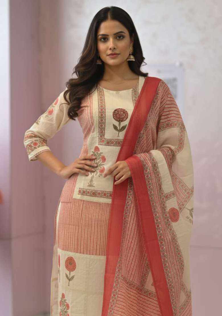 White Printed Cotton Straight Kurta Set - Indya