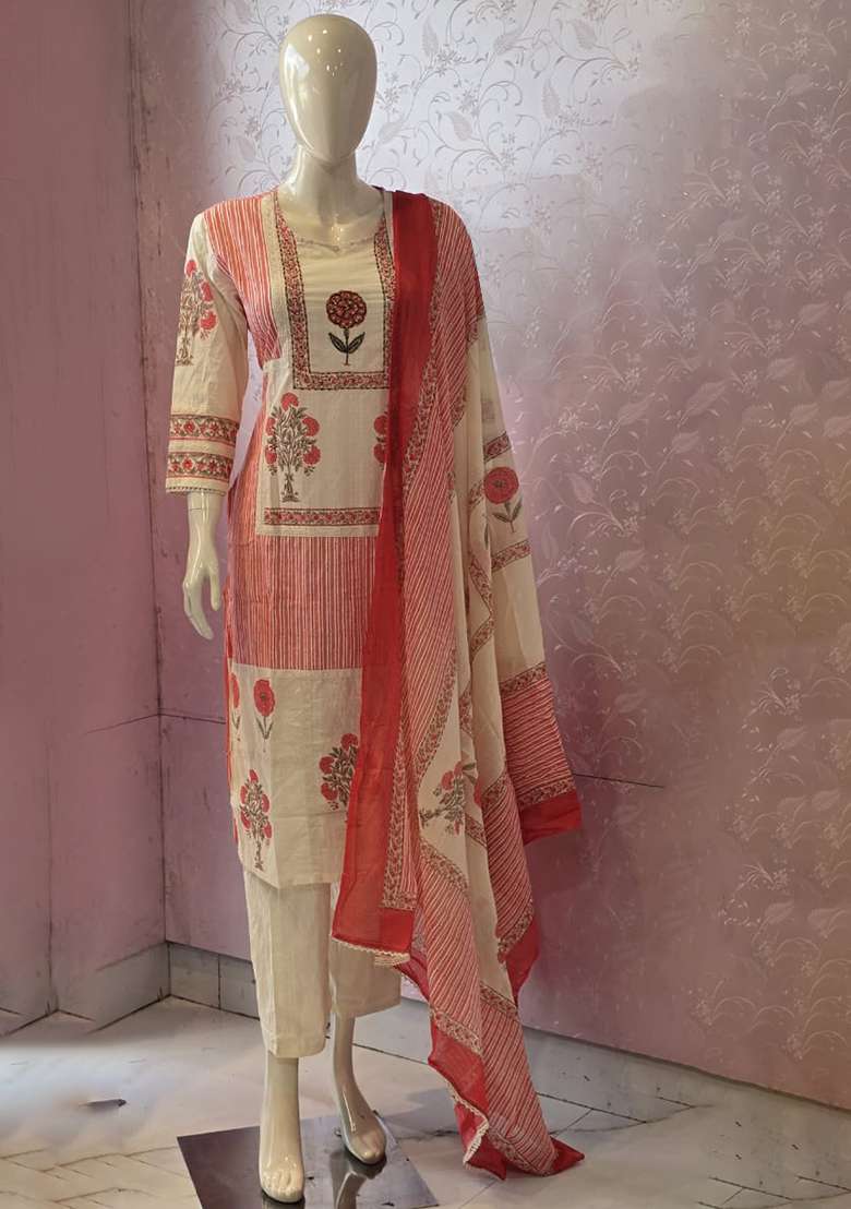 White Printed Cotton Straight Kurta Set - Indya