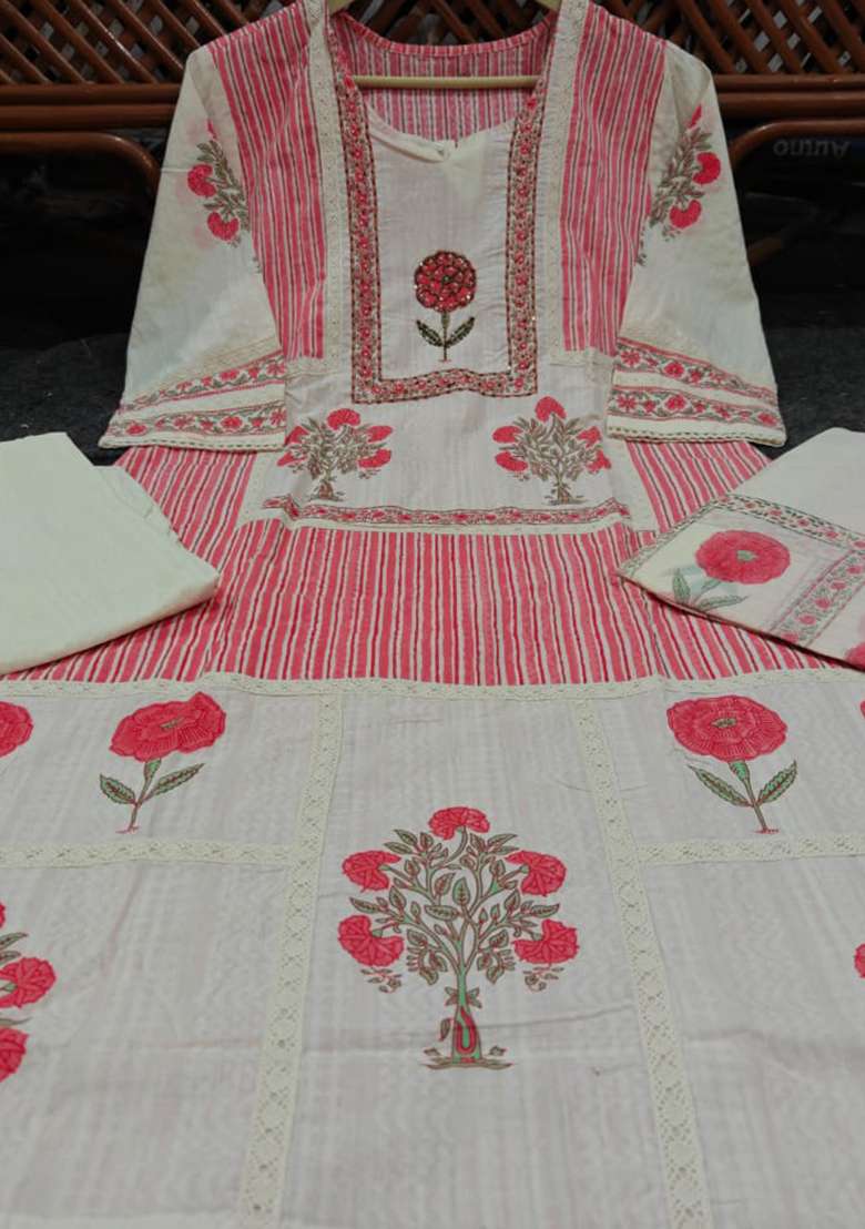 White Printed Cotton Straight Kurta Set - Indya
