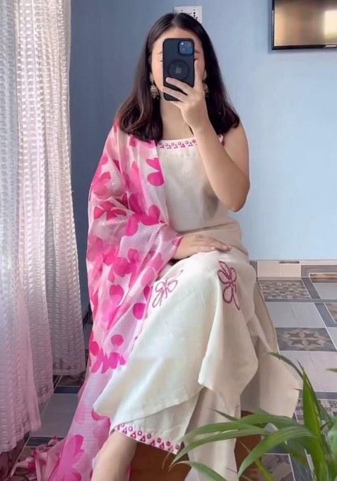 White Embroidery Cotton  Kurta Pant Set