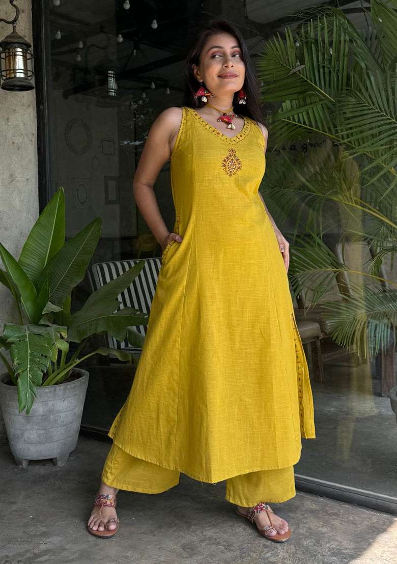Yellow Embroidered Cotton Straight Kurta Set - Indya