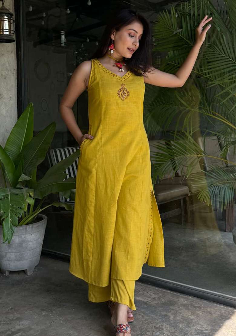 Yellow Embroidered Cotton Straight Kurta Set - Indya