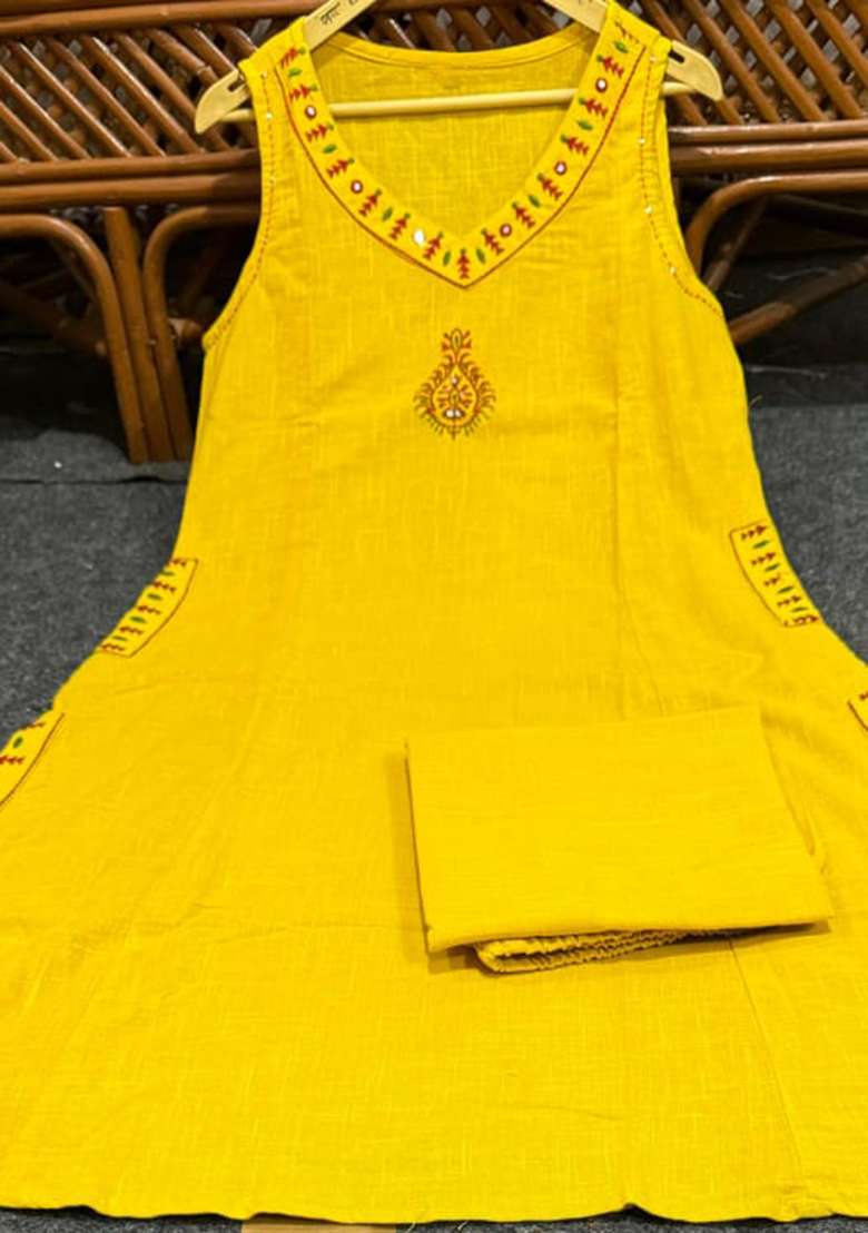 Yellow Embroidered Cotton Straight Kurta Set - Indya