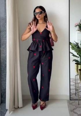 Black Embroidery Cotton  Co Ord Set