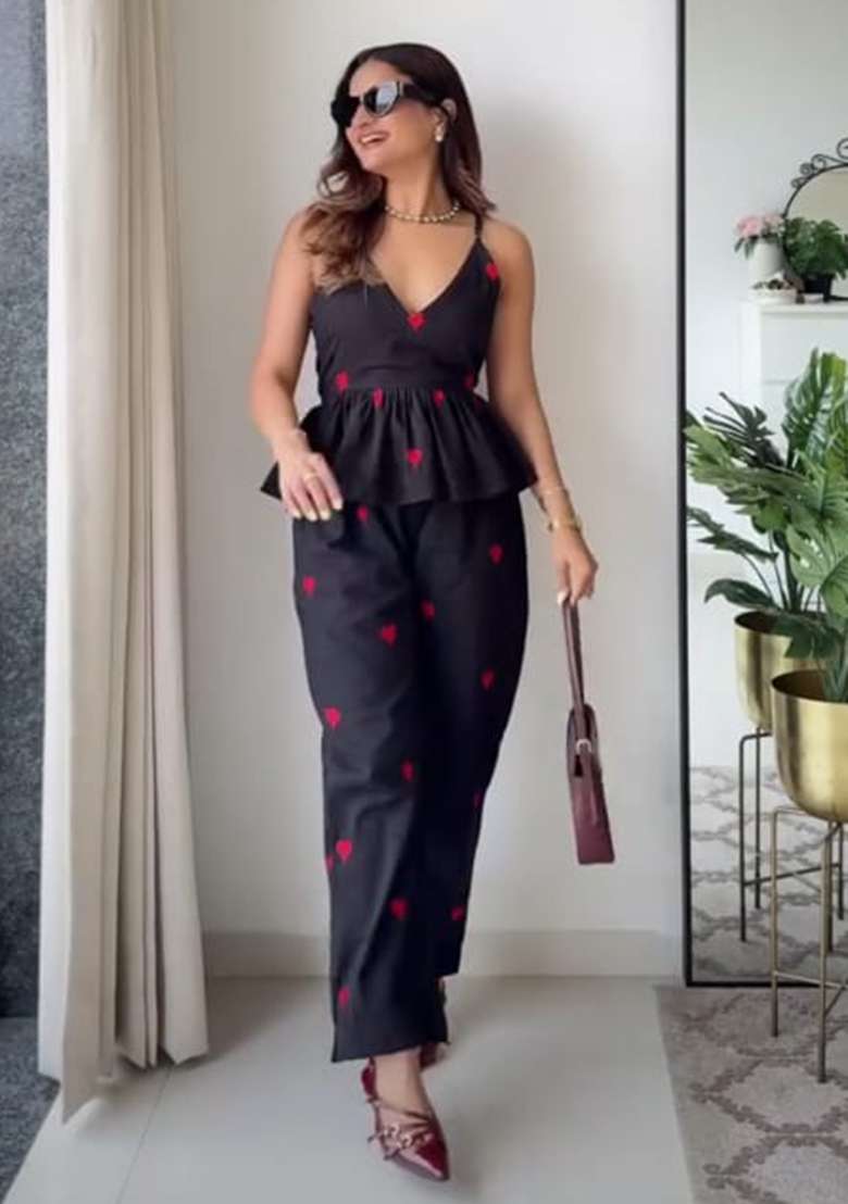 Black Embroidery Cotton  Co Ord Set - Indya