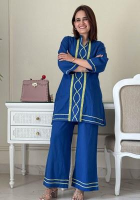 Blue Embroidery Cotton  Co Ord Set