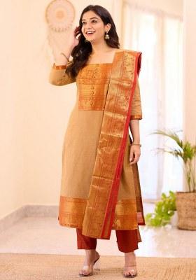 Yellow Embroidered Cotton Straight Kurta Set