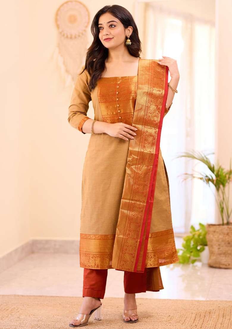 Yellow Embroidered Cotton Straight Kurta Set - Indya