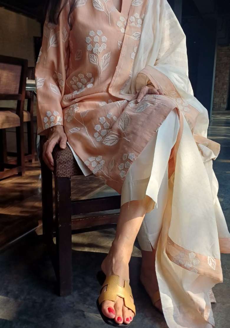 Peach Chikankari Chanderi Straight Kurta Set - Indya