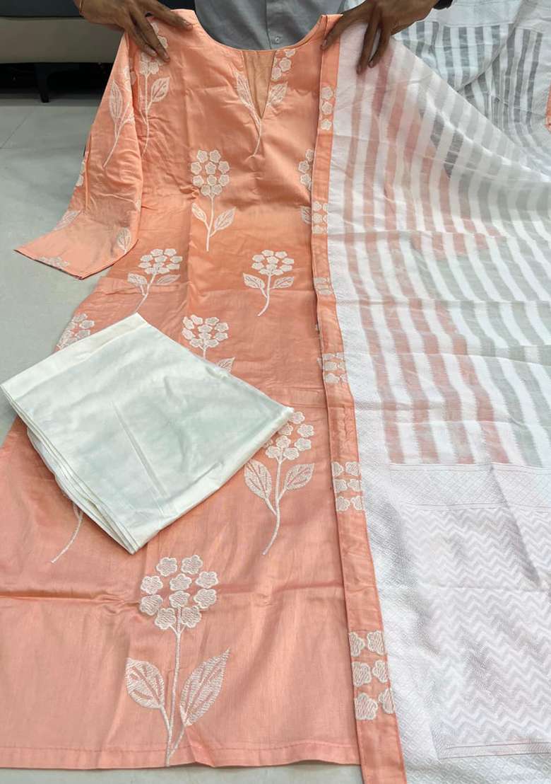 Peach Chikankari Chanderi Straight Kurta Set - Indya