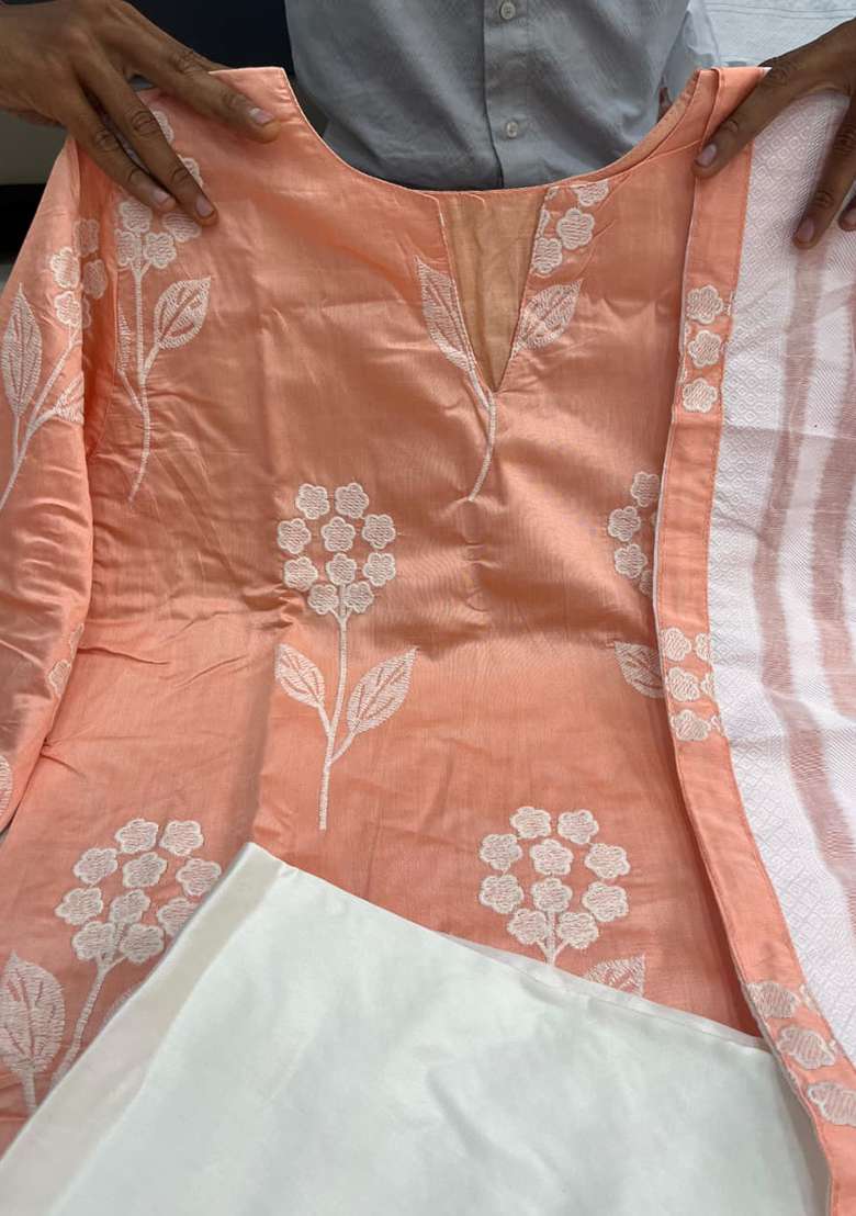 Peach Chikankari Chanderi Straight Kurta Set - Indya
